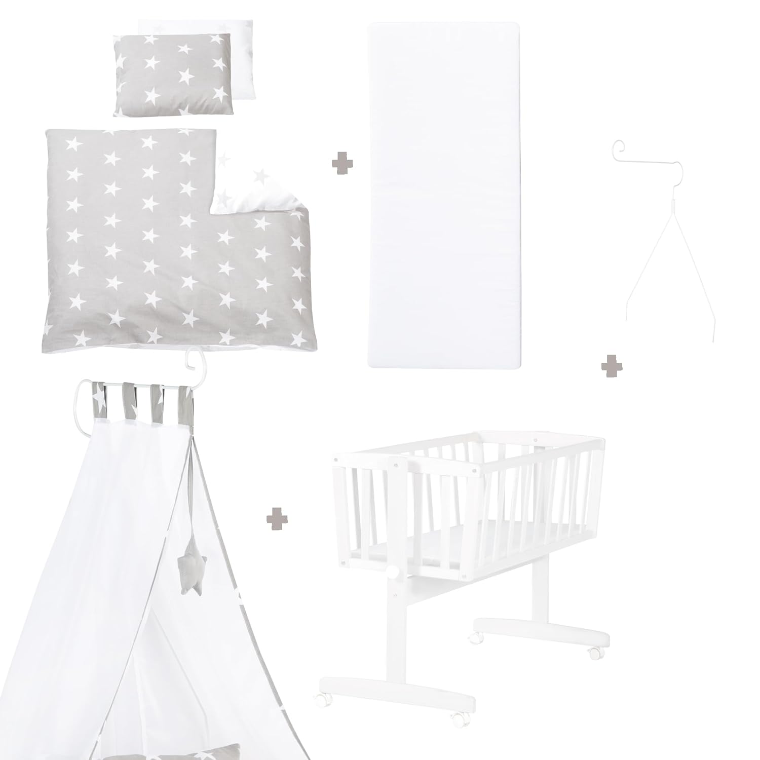 roba Babywiege 40 x 90 cm Adam & Eule - Stubenwagen & Wiege mit Rollen - Bett Set komplett mit Feststellfunktion - Inkl. textiler Ausstattung - Holz weiß