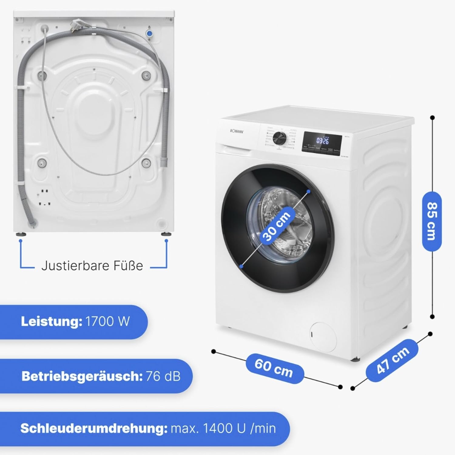 Lavatrice Bomann 7kg | max. 1400 giri/min | 10 anni di garanzia sul motore | Motore inverter efficiente, silenzioso e durevole | 15 programmi | Programmazione fine ciclo | Display LED | WA 7175 bianca