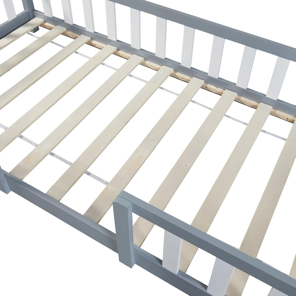 [en.casa] Letto per bambini Sisimiut a capanna 80 x 160 cm con protezione anticaduta letto in legno per bambini letto a terra rete a doghe in legno di pino Bianco opaco