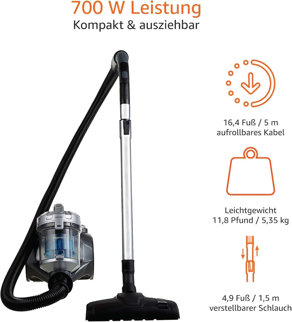 Amazon Basics - Aspirapolvere con sacchetto, potente, compatto e leggero, per pavimenti duri e tappeti, filtro HEPA, 700 W, 1,5 l, UE, nero