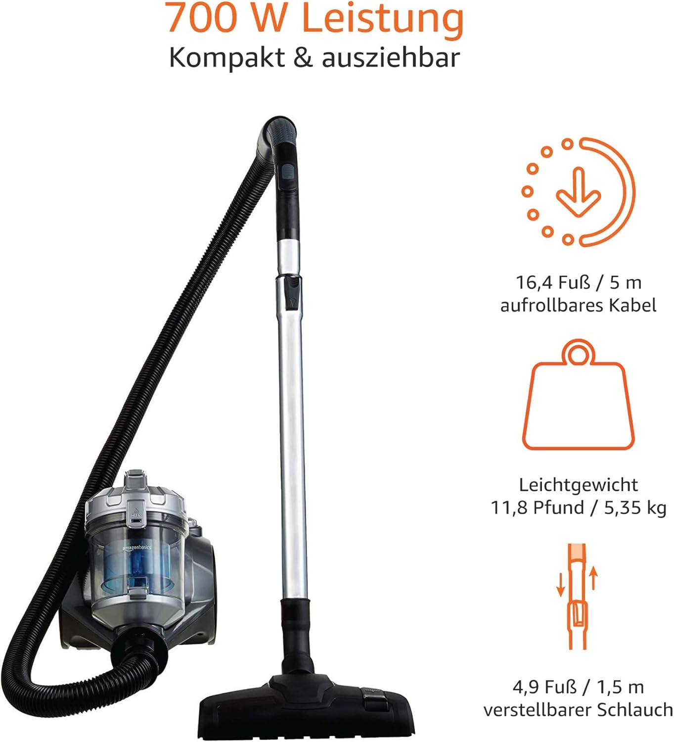 Amazon Basics - Aspirapolvere con sacchetto, potente, compatto e leggero, per pavimenti duri e tappeti, filtro HEPA, 700 W, 1,5 l, UE, nero