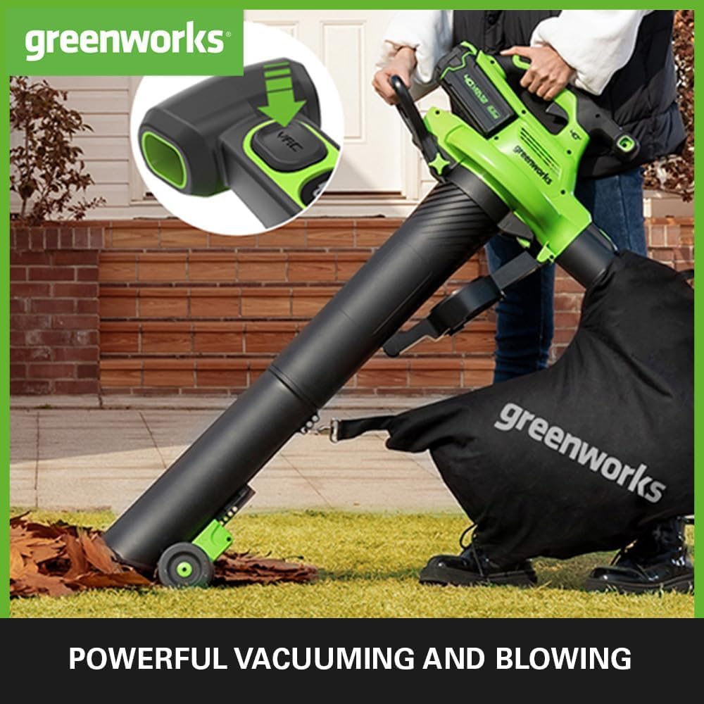 Greenworks 40V Soffiatore Assiale a Batteria con Cruise Control, 177 km/h, 11,05 m³/min, Sacco di Raccolta da 45L, due Batterie da 2Ah e Caricabatterie, 3 Anni di Garanzia GD40BVK2X