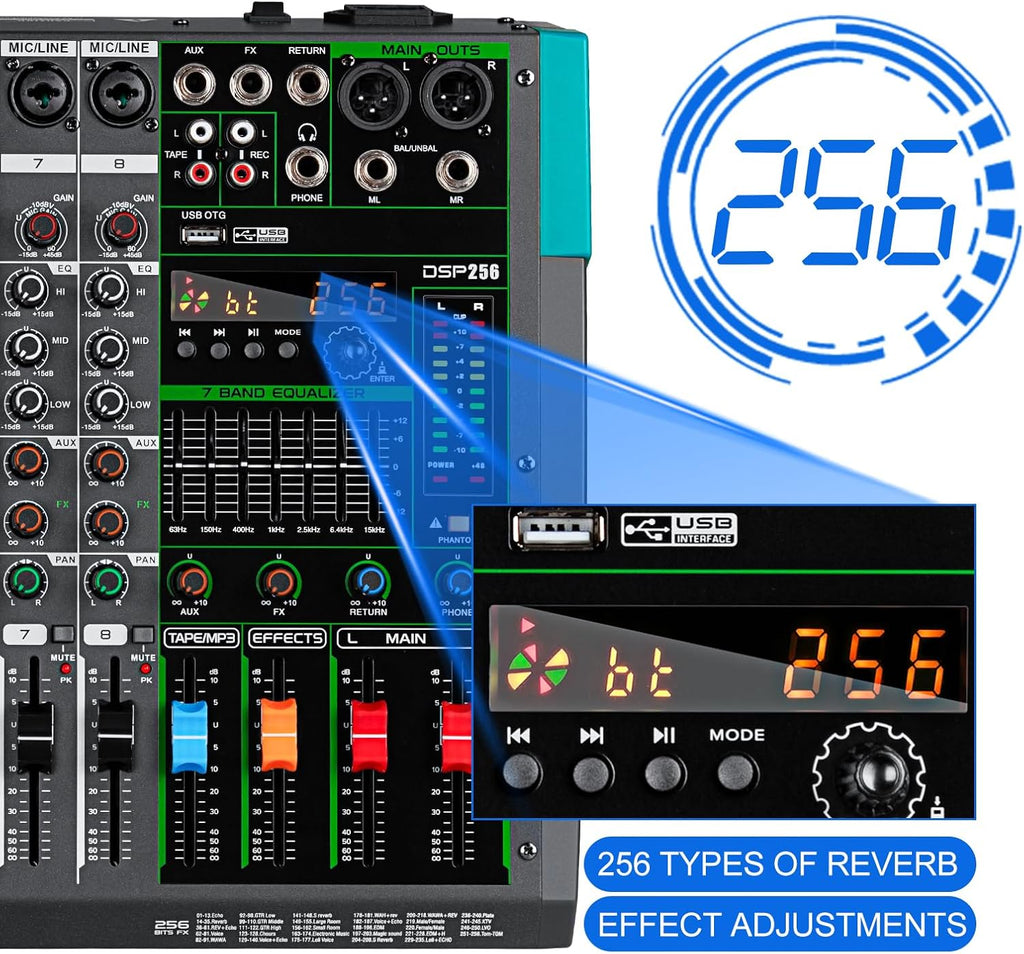 Depusheng PA12 Mixer DJ Professionale a 12 Canali con 256 Effetti DSP, Ingresso Bluetooth, Lettore USB, Alimentazione Phantom 48V