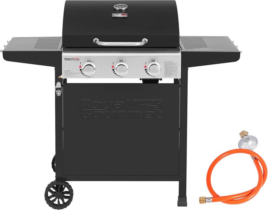 Royal Gourmet Grill a gas carrello 3 bruciatori 9 kW, fornello a gas da campeggio con piastra di cottura, barbecue da giardino con apribottiglie, regolatore di pressione e tubo del gas, griglia di cottura ca. 60 x 42 cm, Nero