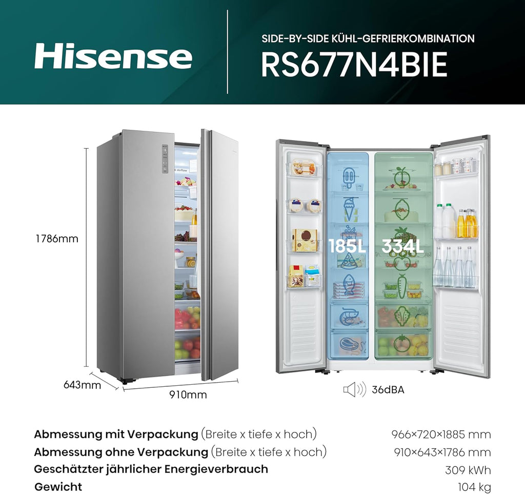 Hisense RS677N4BFD Frigorifero Americano Side by Side / Compressore Inverter / Porta Bottiglie / 2 FreshZone / Vano Verdure / Capacità Frigo 334 L / Capacità Congelatore 185 L / 41 dB / 247 kWh all'anno, Nero