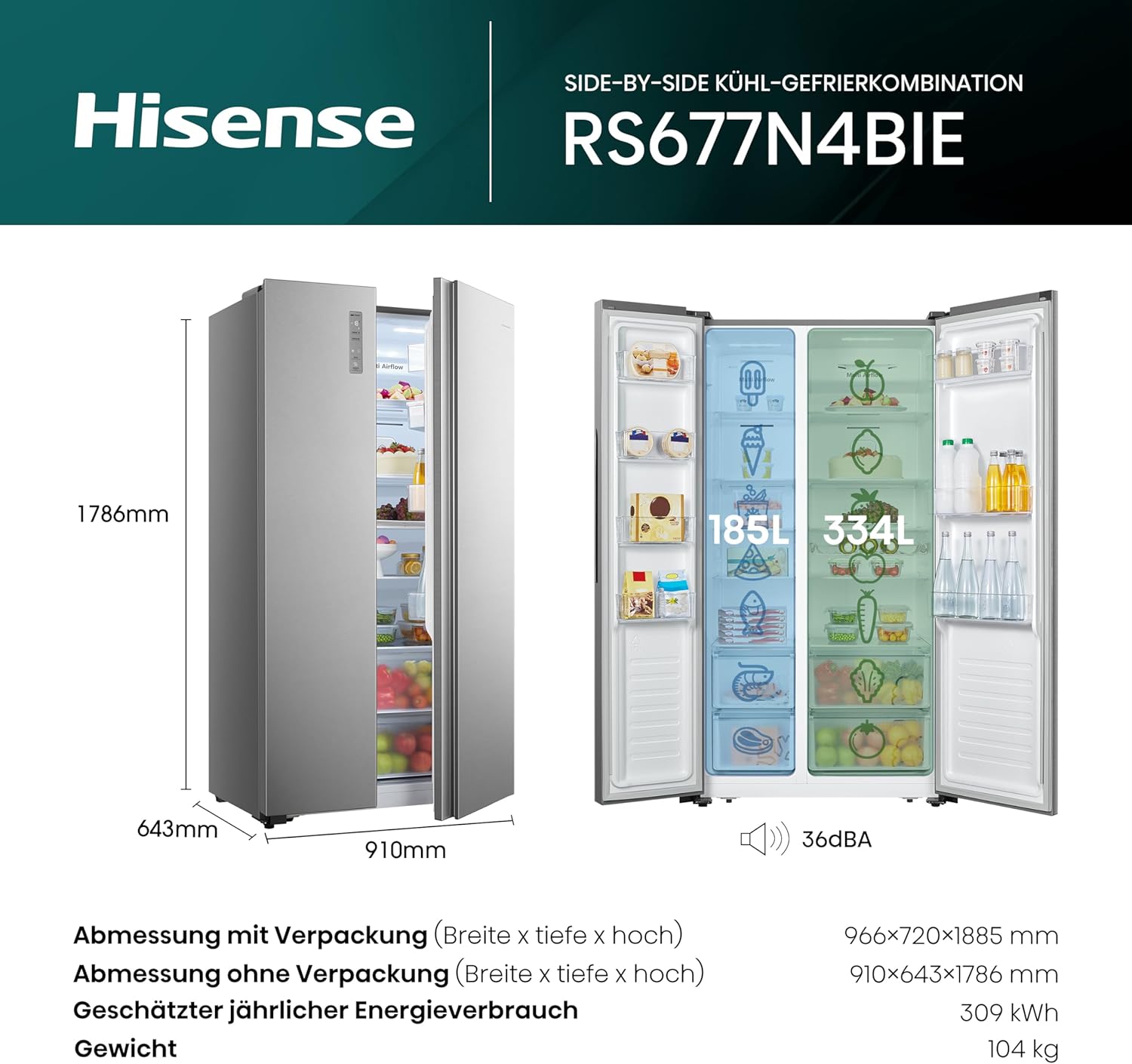Hisense RS677N4BFD Frigorifero Americano Side by Side / Compressore Inverter / Porta Bottiglie / 2 FreshZone / Vano Verdure / Capacità Frigo 334 L / Capacità Congelatore 185 L / 41 dB / 247 kWh all'anno, Nero