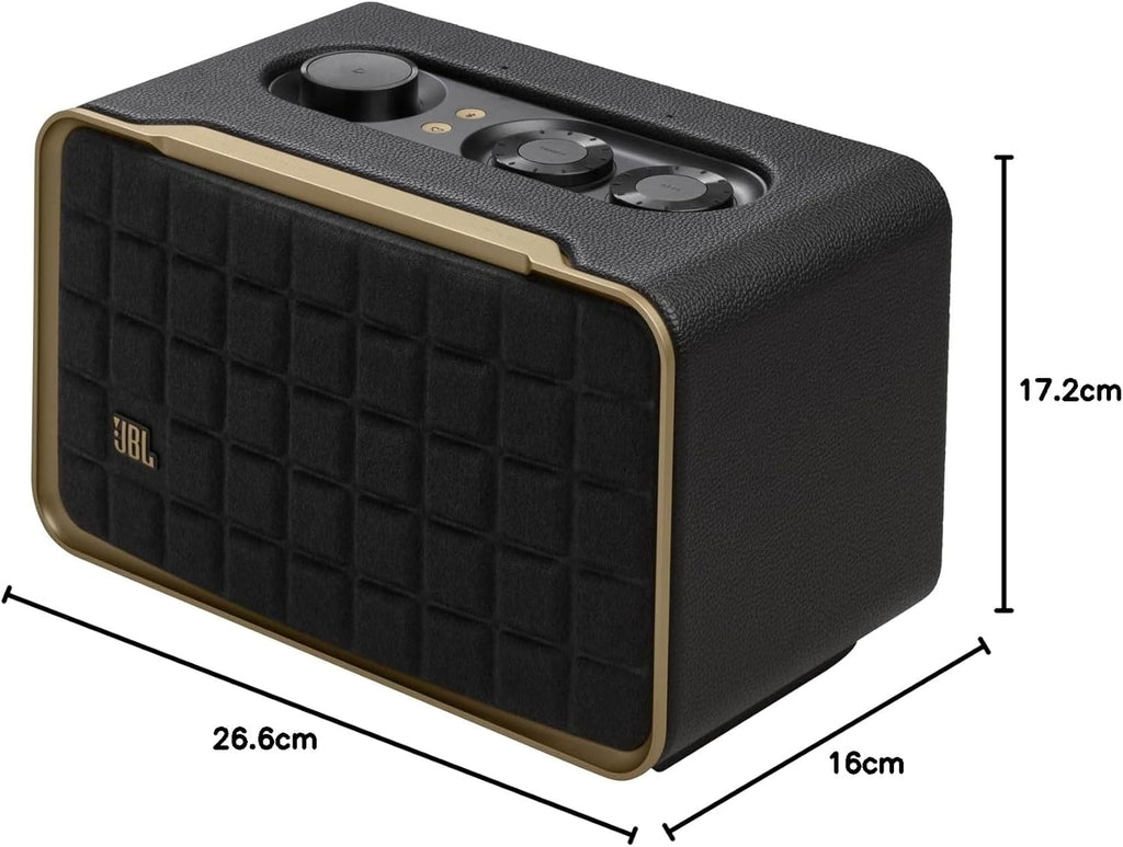 JBL Authentics 200 Smart Home Altoparlante – Cassa Bluetooth dal design retrò anni '70 – Con griglia Quadrex, Google Assistant, Alexa, AirPlay e JBL One App – Nero