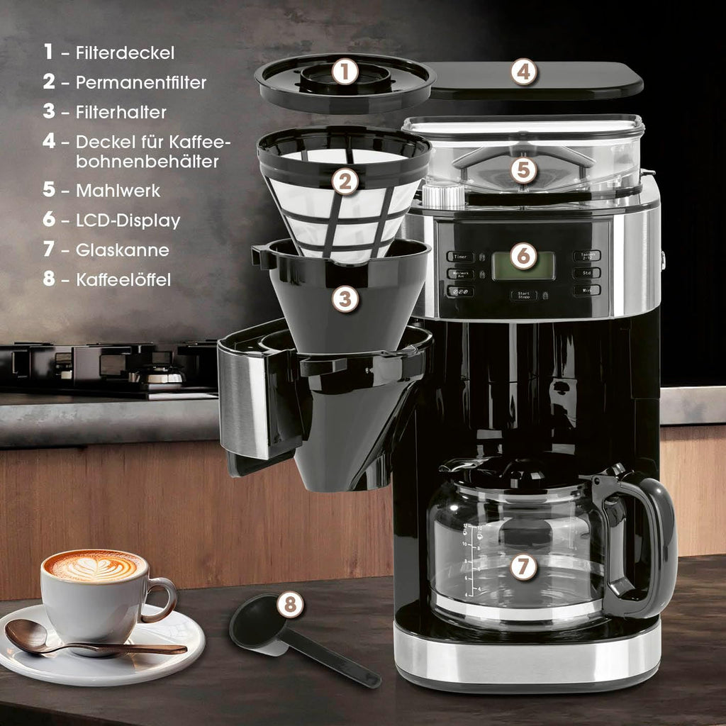 Barista Kaffeemaschine mit Mahlwerk | Filterkaffeemaschine mit Glaskanne | 900W Filtermaschine mit Touchdisplay & Timerfunktion für bis zu 10 Tassen | 1,25 Liter Kaffeekanne | Für Bohnen & Pulver