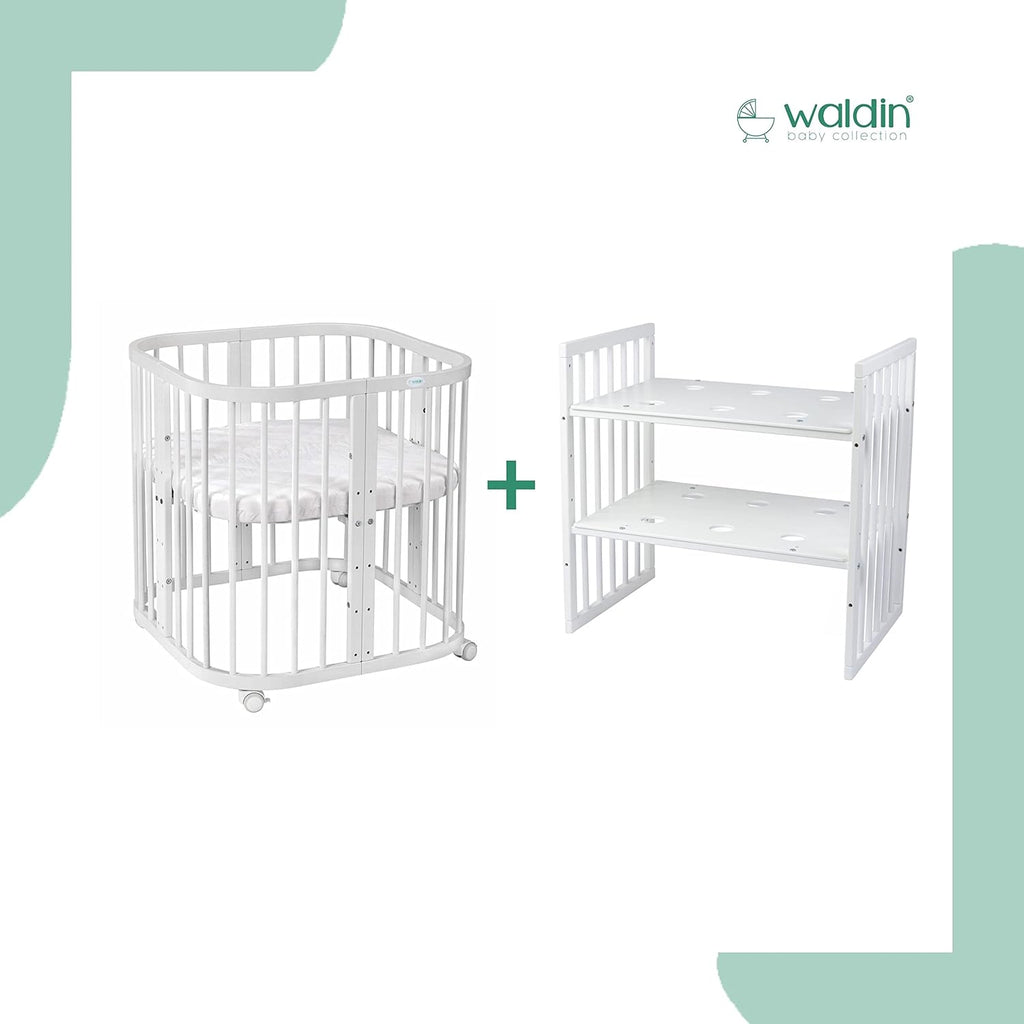 Waldin Lettino per bambini in legno 7in1 con materasso, Letto "Cresci con me", Ventilato, Base regolabile in 5 altezze, Set All-Inclusive, Legno Bianco