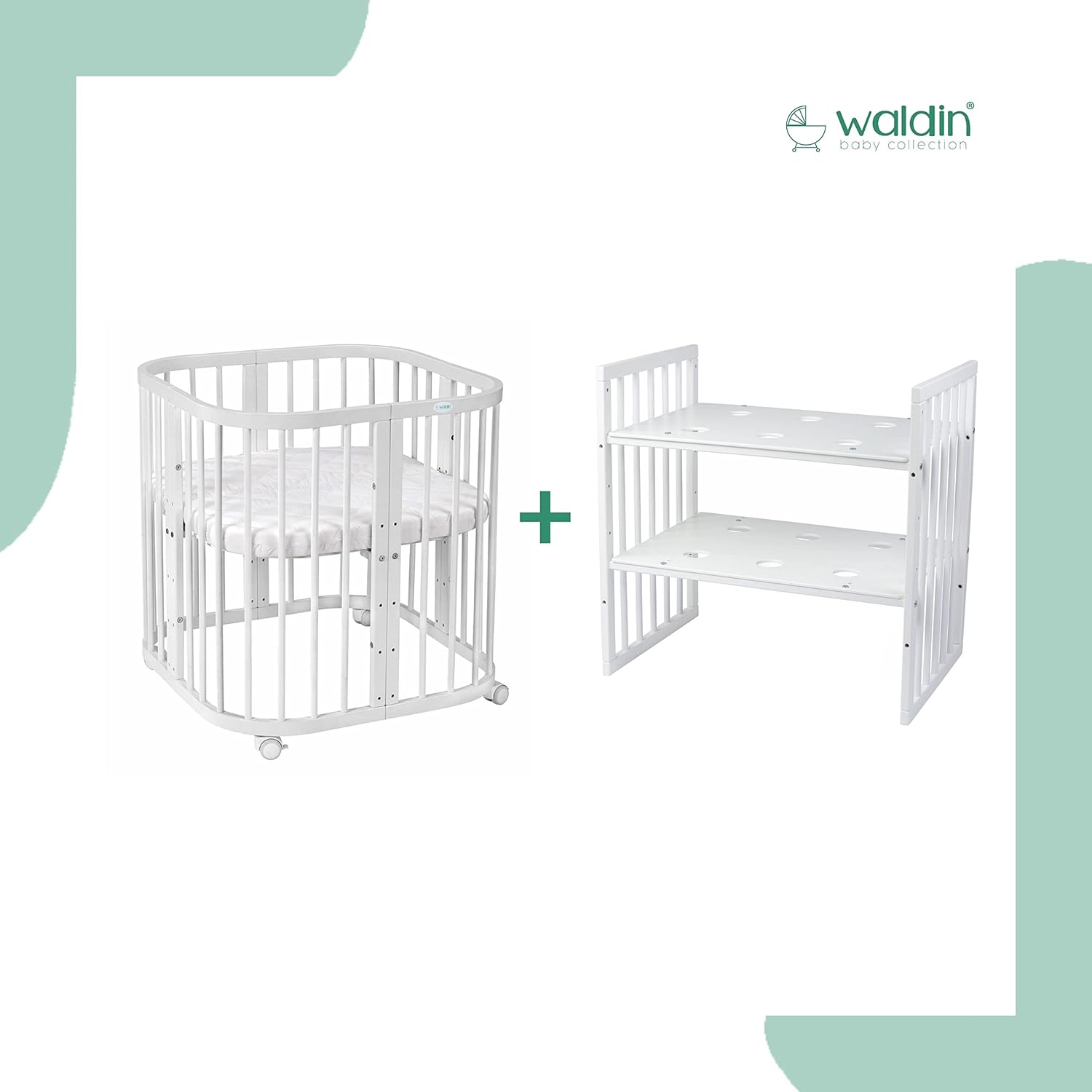 Waldin Lettino per bambini in legno 7in1 con materasso, Letto "Cresci con me", Ventilato, Base regolabile in 5 altezze, Set All-Inclusive, Legno Bianco