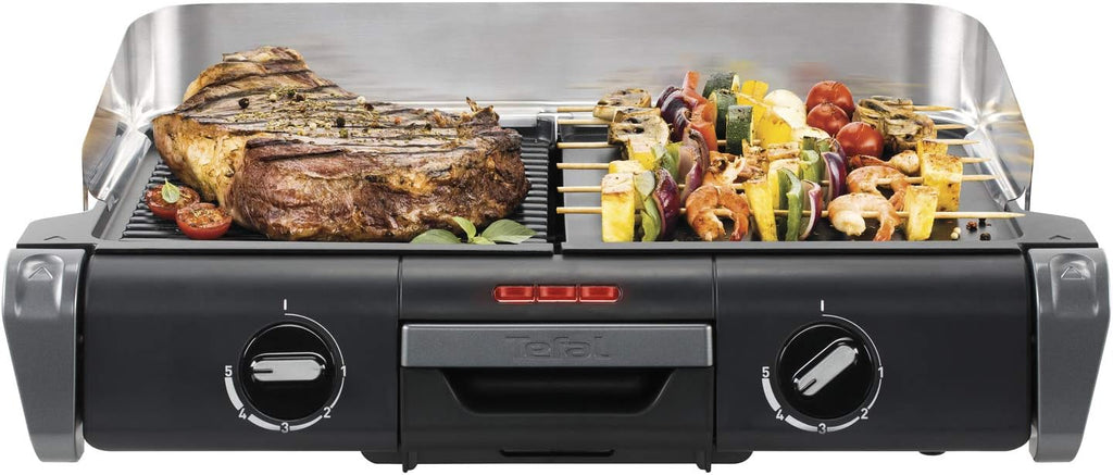 Tefal Maxi Plancha Elektro-Tischgrill CB690D, Extra groß, Antihaft Teppanyaki Platte, Leichte Reinigung, Innen und außen nutzbar, Inkl. abnehmbarem Windschutz + Spatel, 2300W, Schwarz/Silber