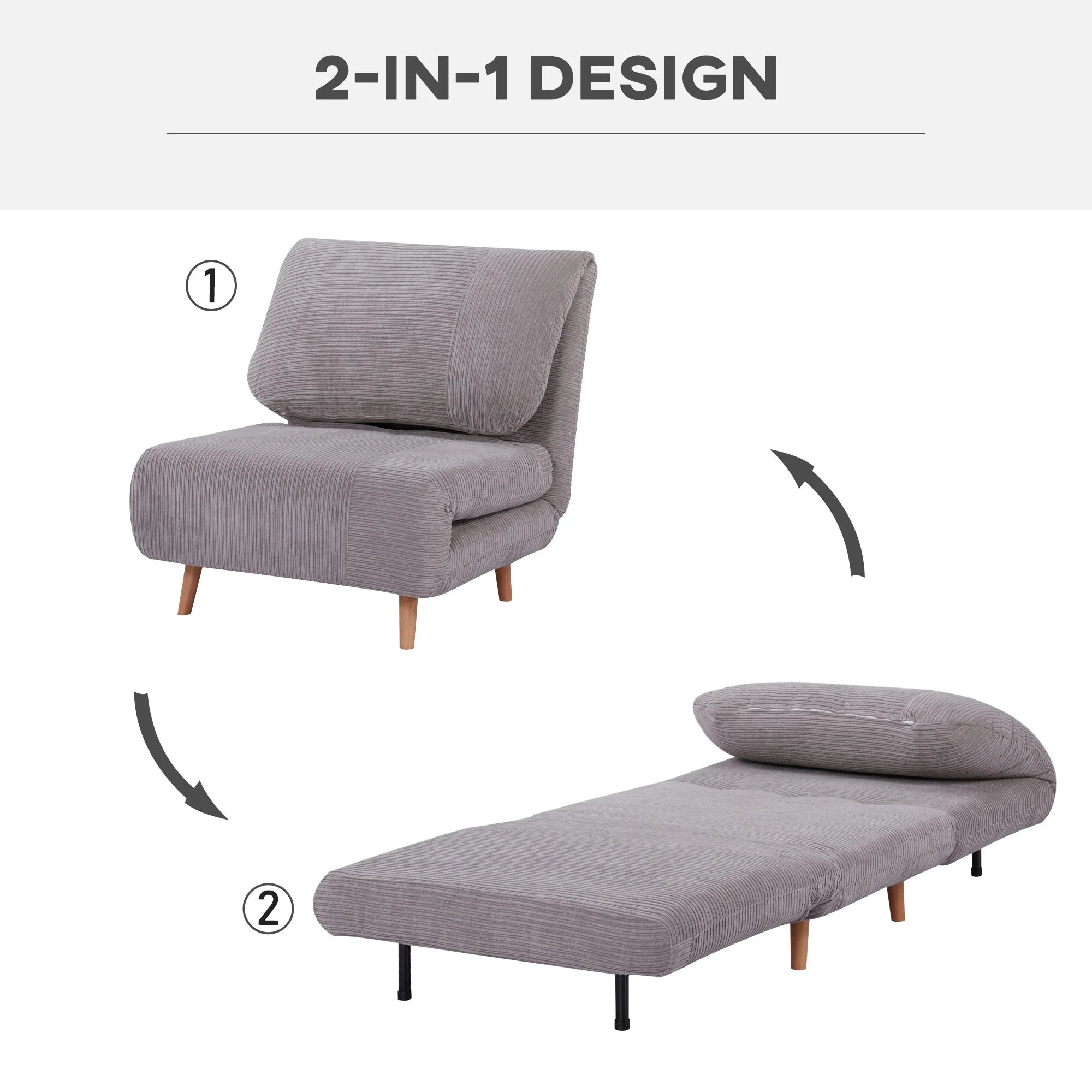 HOMCOM Poltrona Letto Divano Letto 2 in 1 Schienale Regolabile Grigio Chiaro