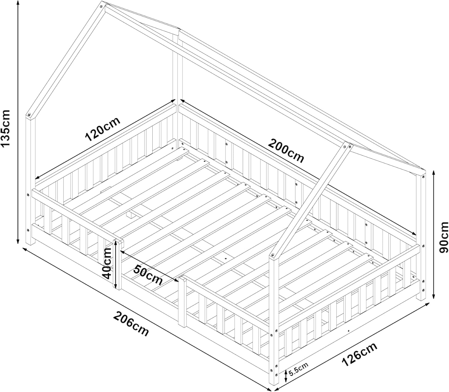 [en.casa] Letto per bambini Sisimiut a capanna 80 x 160 cm con protezione anticaduta letto in legno per bambini letto a terra rete a doghe in legno di pino Bianco opaco