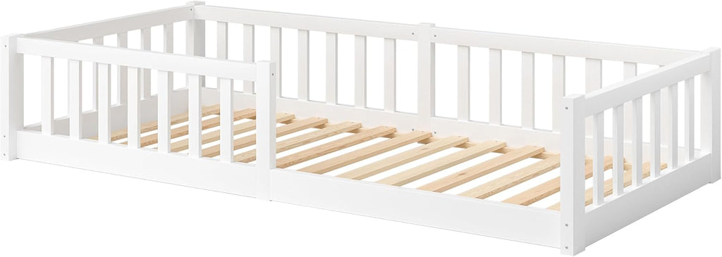 Bellabino Vere Letto a Pavimento 140x200 Montessori, Letto Matrimoniale con Protezione Anticaduta e Rete a Doghe, Letto per Bambini e Bambine in Legno Massello di Pino Bianco con Sbarre