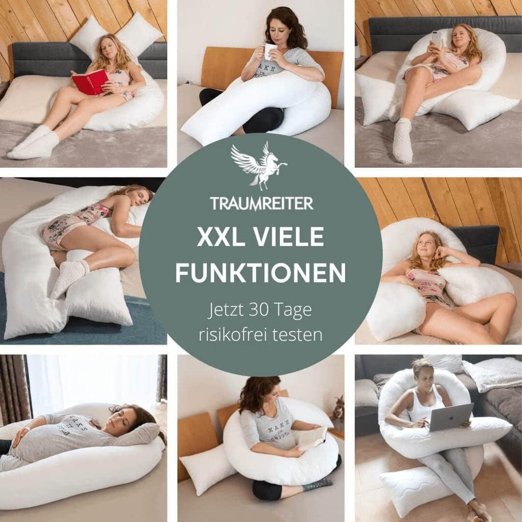 Traumreiter Visco XXL Seitenschläferkissen mit Bezug Baumwolle Graphit Grau, Hybrid Kissen + 1cm Memory Foam, U förmiges Schwangerschaftskissen Gel Body Pillow Komfortkissen Ergonomie Zertifiziert
