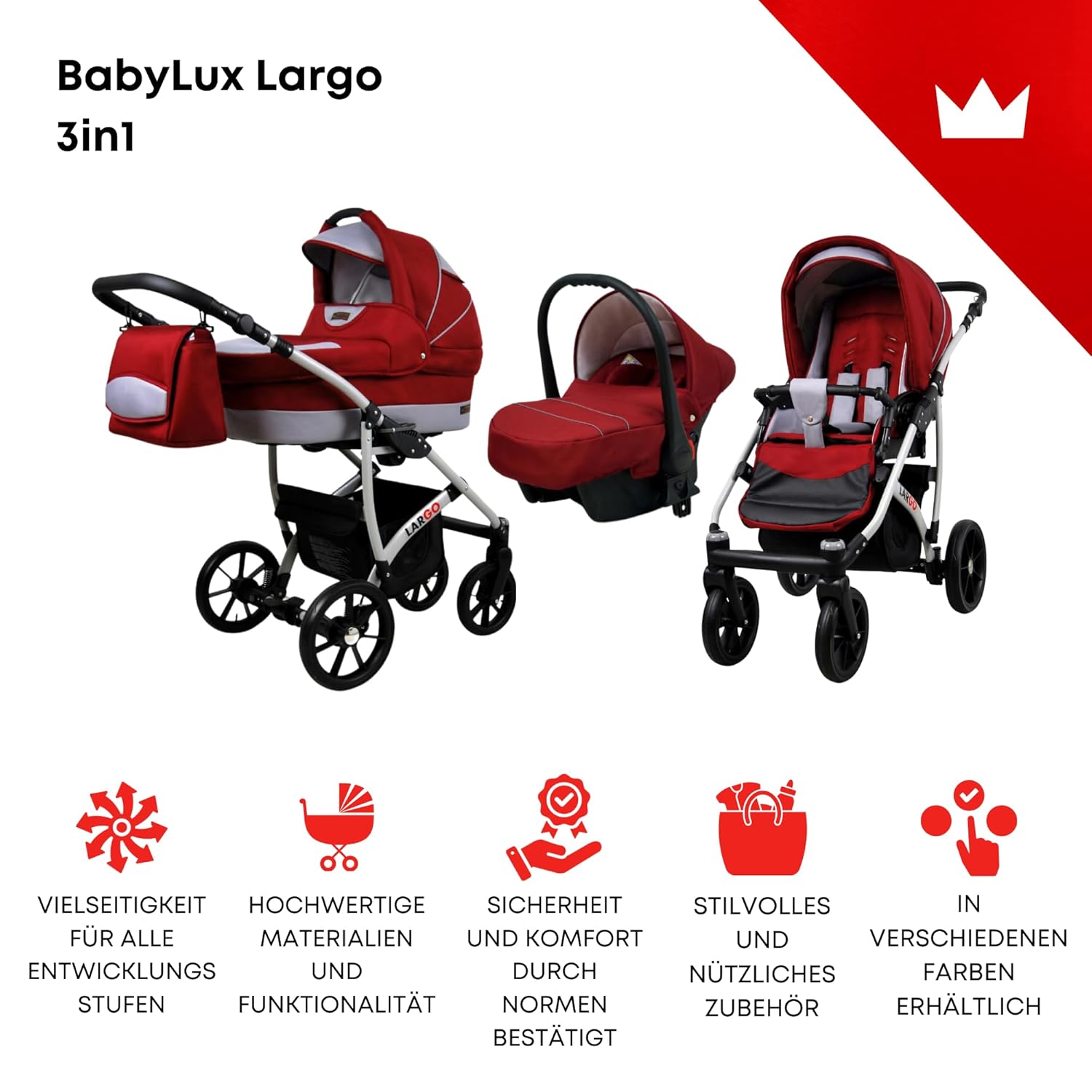 BabyLux Largo 2-in-1 Baby Kinderwagen Tief und Kinderwagen mit Zubehör Verstellbar und faltbar Aluminiumkonstruktion Wasserdicht Nicht abnehmbare Räder Brown Cream White Frame