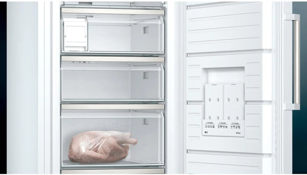 Siemens GS54NAWCV iQ500 Congelatore, 176 x 70 cm, 327 L, noFrost mai più sbrinamento, bigBox spazio per alimenti grandi, varioZone ripiani in vetro e cassetti flessibili, Bianco