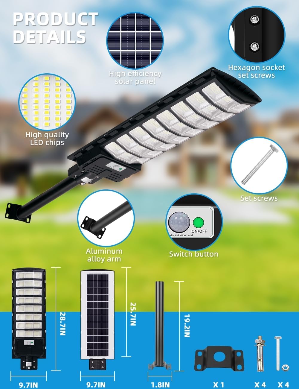 Sararoom 600W Straßenlaterne Solar Wegeleuchte, 594LEDs Solarlampe mit Bewegungsmelder, 6500K Wandleuchten mit Fernbedienung - IP65 Straßenlampe Außen Sicherheitsleuchte für Garten Garage Hof,4Pack