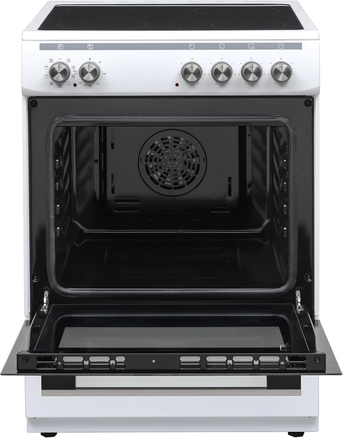 Cucina Daewoo F6EV22WL3DE con piano cottura in vetroceramica, classe energetica A, volume forno: 65 L, 8 funzioni di cottura con calore superiore/inferiore, smalto facile da pulire, 4 zone di cottura, bianca