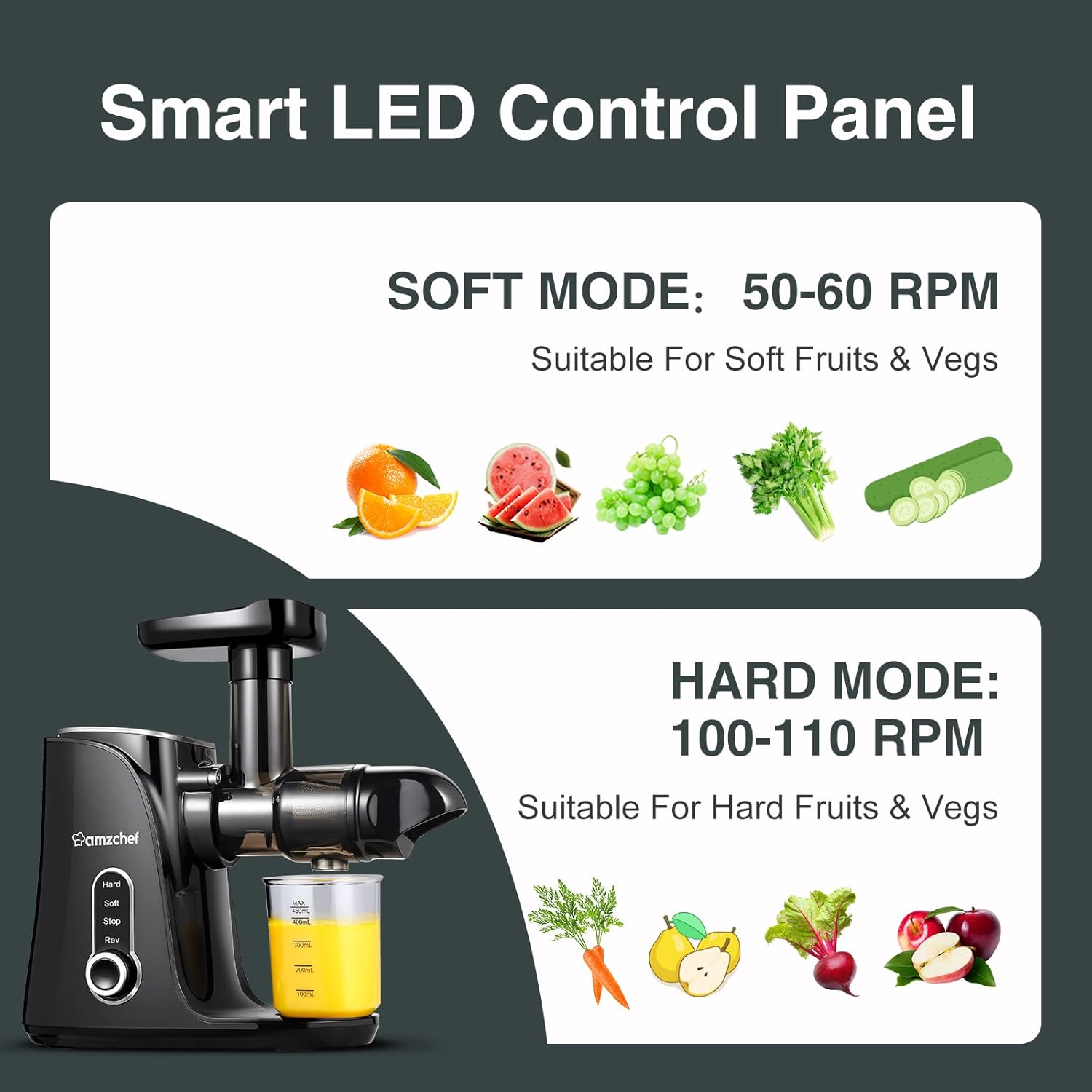 AMZCHEF Estrattore di Succo per Frutta e Verdura con 2 Modalità di Velocità - Slow Juicer con Bottiglia Portatile e 2 Tazze - Cold Press Juicer Senza BPA con LED Intelligente e Funzione di Inversione - Nero