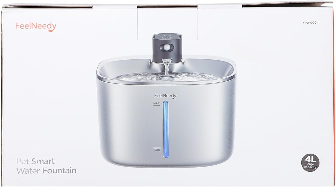 Fontana per Gatti Senza Fili con Sensore di Movimento a Batteria da 4000mAh, Fontana d'Acqua Silenziosa da 4L FEELNEEDY con Sensore di Movimento per Gatti e Cani Piccoli, Vasca d'Acqua in Acciaio Inossidabile, 2 Filtri