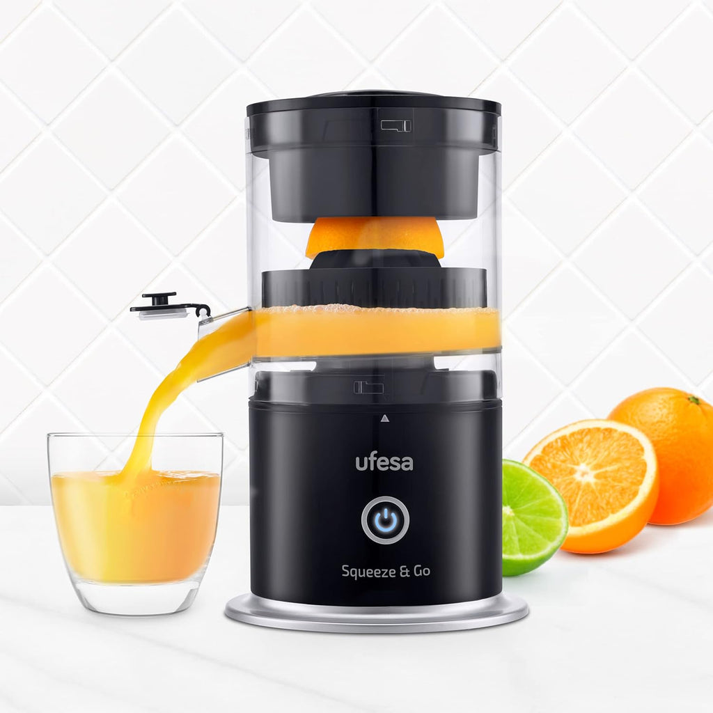 Ufesa Squeeze & Go, Spremiagrumi Elettrico ricaricabile USB-C, Portatile, Spremiarance, Spremilimoni, Spremi lime, Batteria 1500mAh, 220 ml, Senza BPA