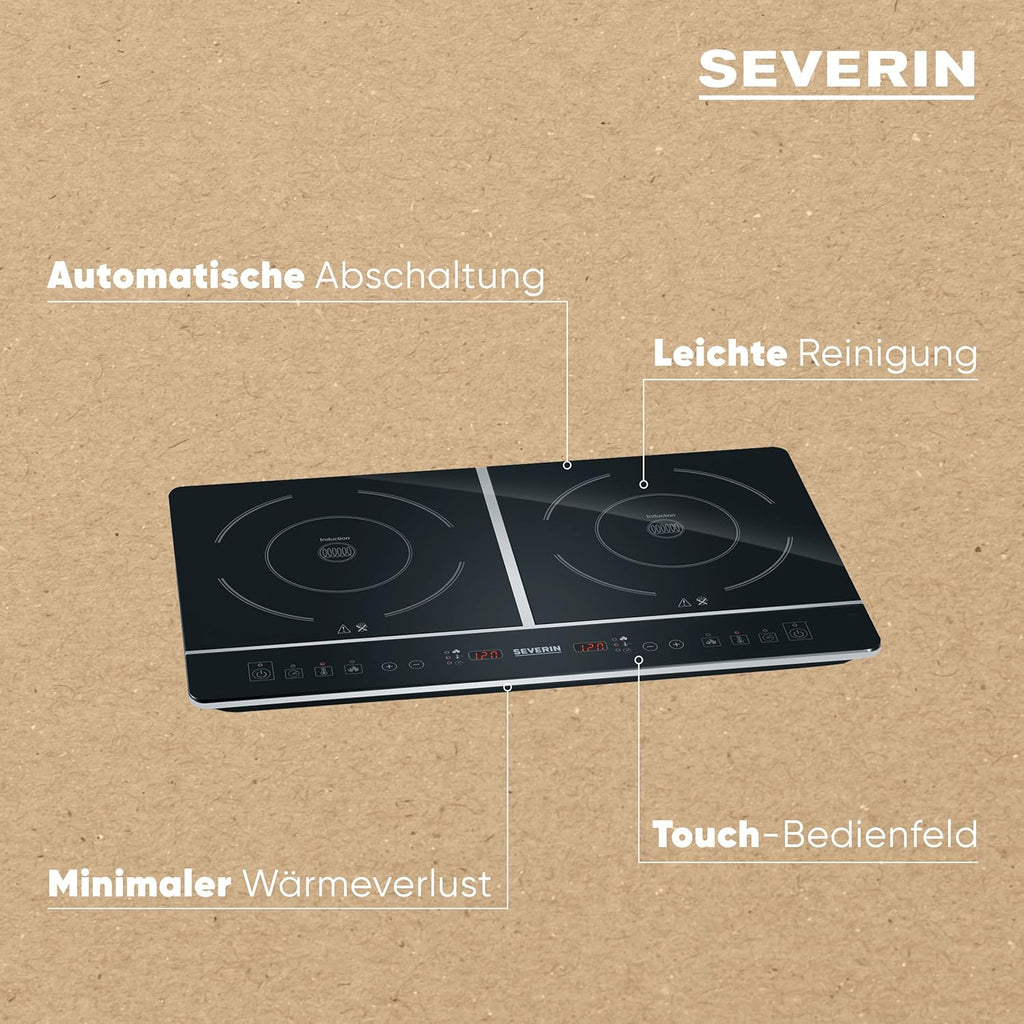 SEVERIN Doppio Fornello a Induzione per Cucina, Ufficio o Campeggio, Piastra di Alta Qualità, Fornello da Campeggio per Due Pentole, nero, 3.400 W, DK 1031