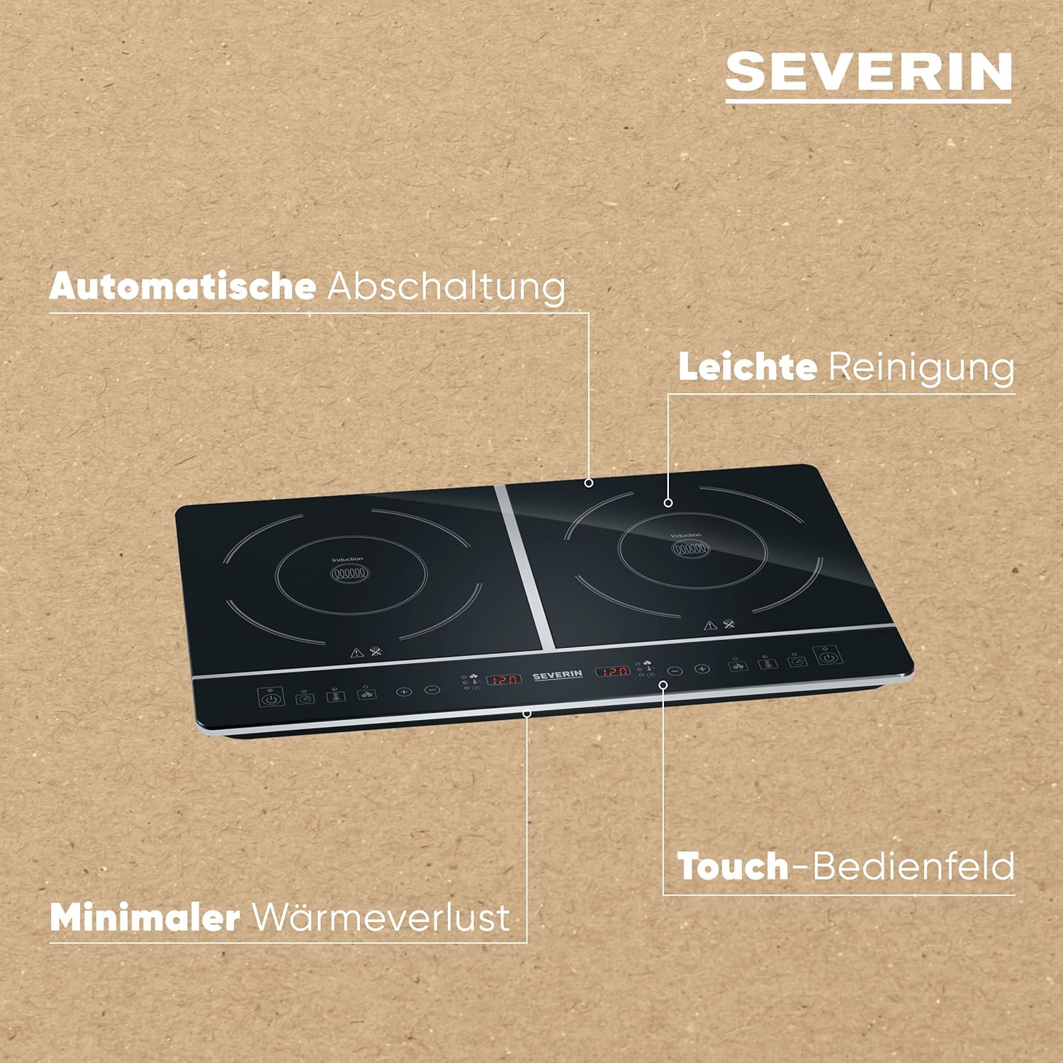 SEVERIN Doppio Fornello a Induzione per Cucina, Ufficio o Campeggio, Piastra di Alta Qualità, Fornello da Campeggio per Due Pentole, nero, 3.400 W, DK 1031