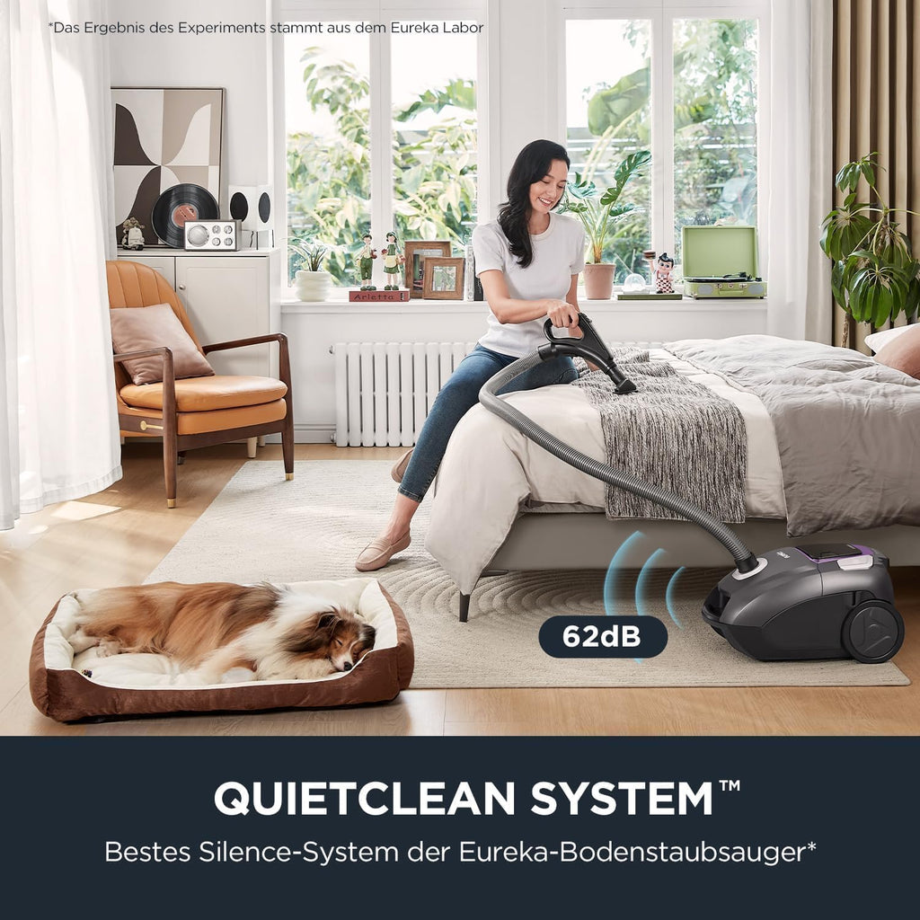 Eureka NEN300 Aspirapolvere a traino con sacco 700W, 62 dB(A) Estremamente silenzioso, Aspirapolvere potente con filtro igienico e spazzola per pavimenti duri, parquet, tappeti, piastrelle, 2L