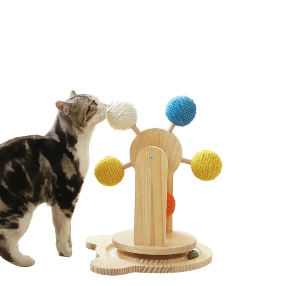 Giocattolo girevole per gatti in legno massiccio con palline di sisal