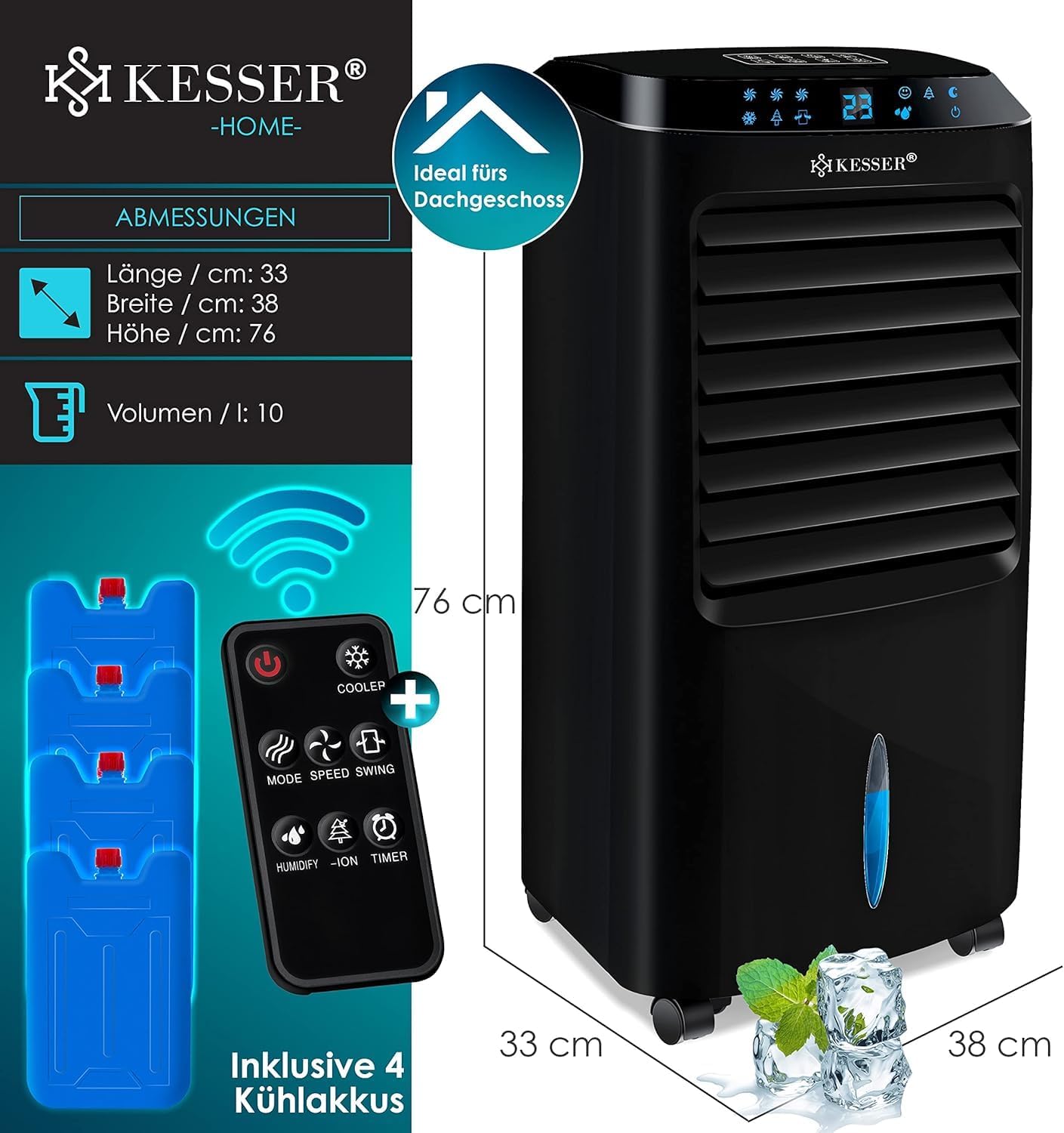 KESSER Climatizzatore Portatile 4in1 | Telecomando | Unità di Climatizzazione | Ventilatore per Climatizzatore | Timer | 3 Livelli | Ionizzatore Umidificatore | Raffreddatore d'Aria |