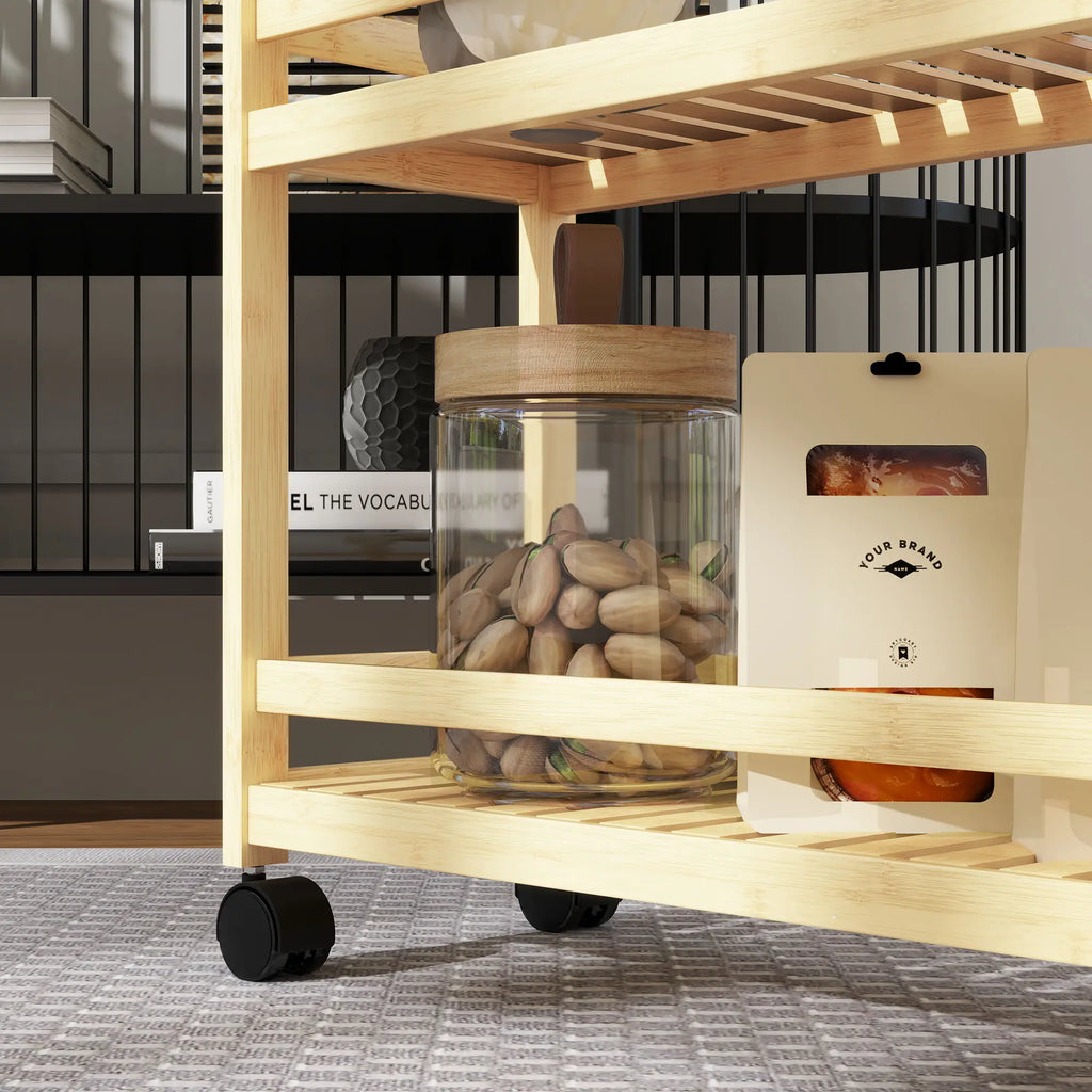 HOMCOM Carrello da Cucina con Ruote e Ripiani a Doghe in Bambù