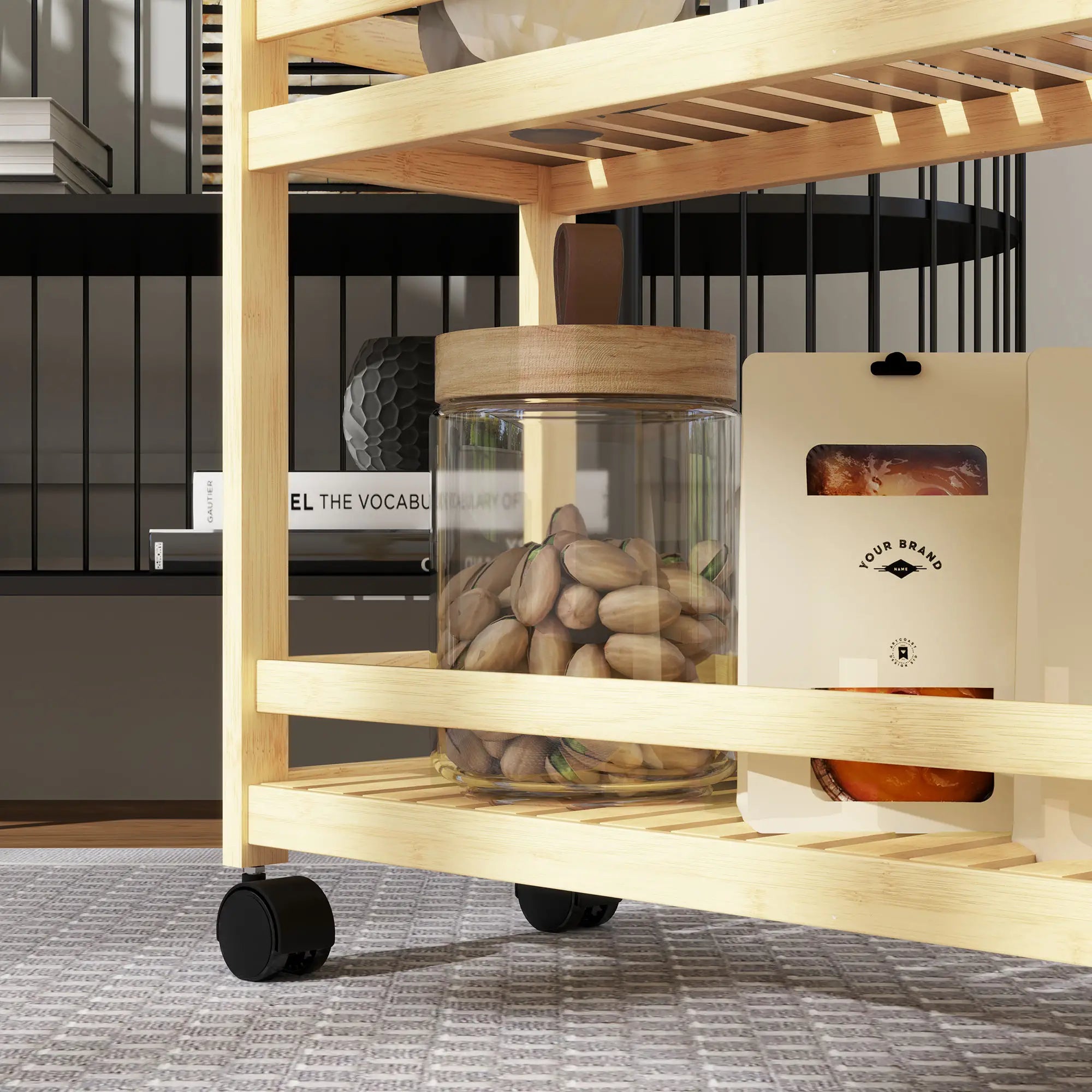 HOMCOM Carrello da Cucina con Ruote e Ripiani a Doghe in Bambù