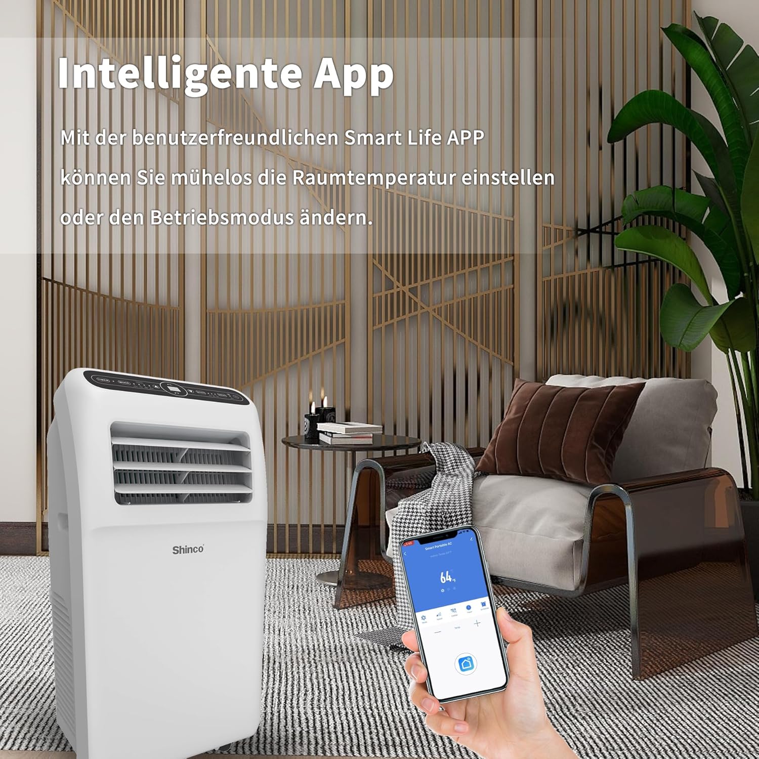 SHINCO Condizionatore Portatile con Tubo di Scarico, Climatizzatore 3-in-1 con Deumidificatore e Ventilatore, 7000BTU, 2,05 kW, Condizionatore Mobile con Modalità Notturna, Timer e Materiale di Montaggio, Ambienti Fino a 54m