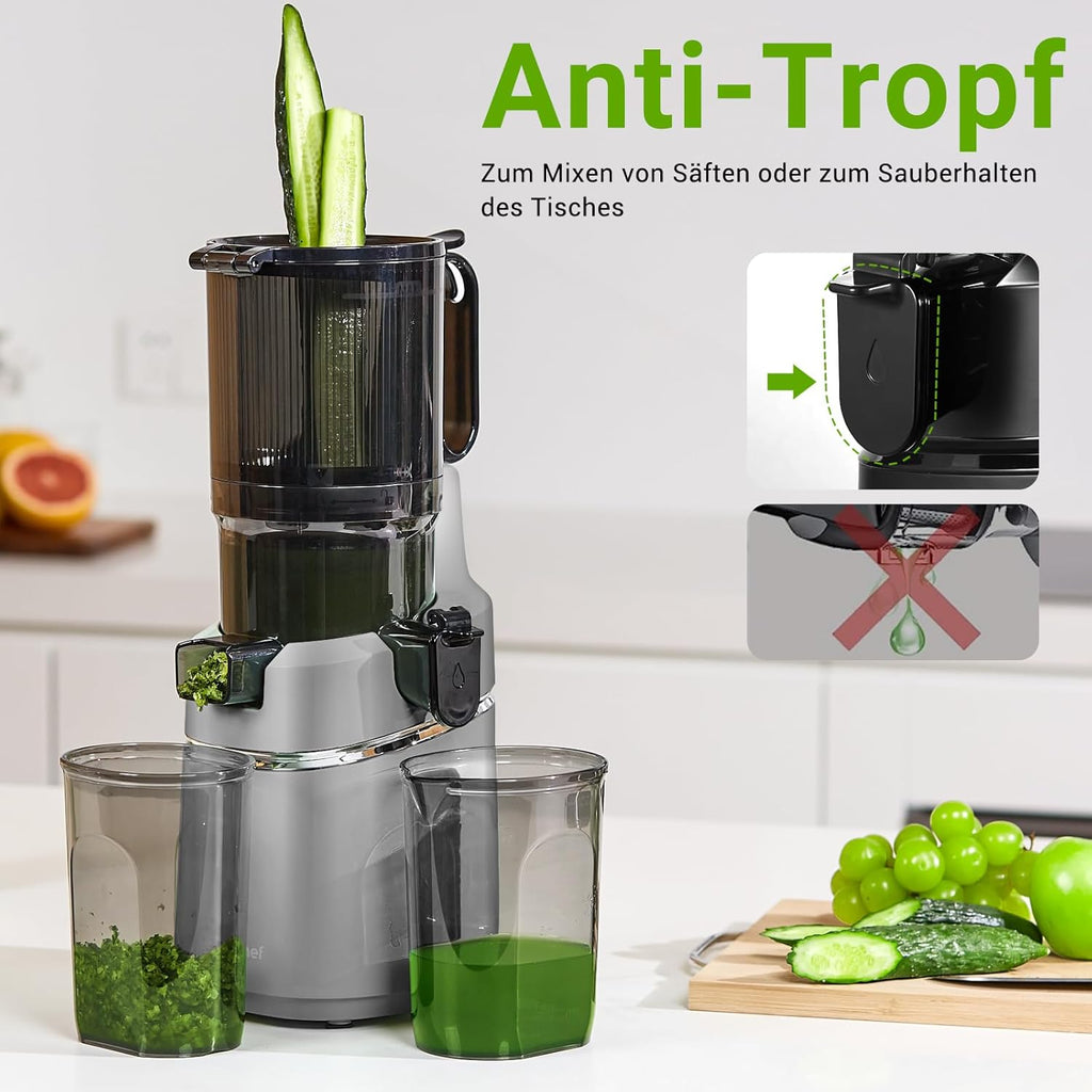 AMZCHEF Estrattore di Succo Automatico Tutto in Uno, Apertura da 135MM e Spremiagrumi da 1,8L per Frutta e Verdura, Estrattore di Succo Lento 250W Vincitore del Test con Triplo Filtro - Nero