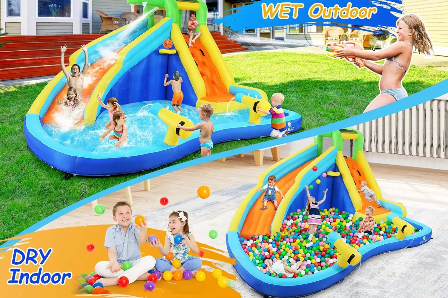 Scivoli d'acqua gonfiabili per bambini, parco acquatico gonfiabile 8-in-1 con soffiatore da 450 W, parete da arrampicata, piscina, 2 cannoni ad acqua, canestro da basket, scivolo ad acqua, irrigatore a coccodrillo come regalo per una festa in giardino