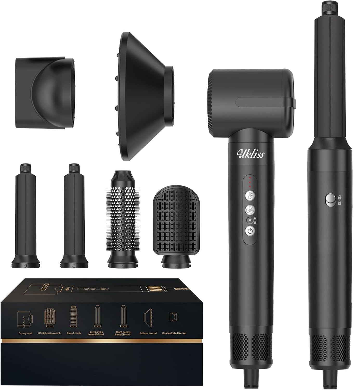 Air Styler 7 In 1, 110000 U/Min Hochtouriger Motor Haartrockner Warmluftbürste Set Mit 7 Aufsätze, Trocknen, Glätten, Locken, Volumengeben, Massieren der Kopfhaut, Ionen Pflege (Weiß)