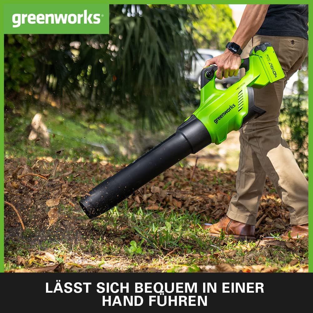 Greenworks G40ABK2 Axial Laubblser mit Tempomat, 177 km/h, 11,05 m/min, 40V 2Ah Batterie & Ladegert, 3 Jahre Garantie
