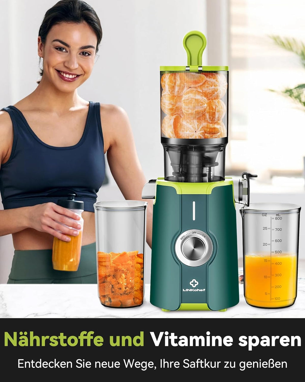 LINKChef Schnellreinigungs Entsafter, NO-Prep Entsafter Gemüse und Obst, Blitzreiniger Saftpresse Slow Juicer Testsieger mit Einfacher Installation, BPA Frei, 115mm, 1.2L, 200w Schwarz