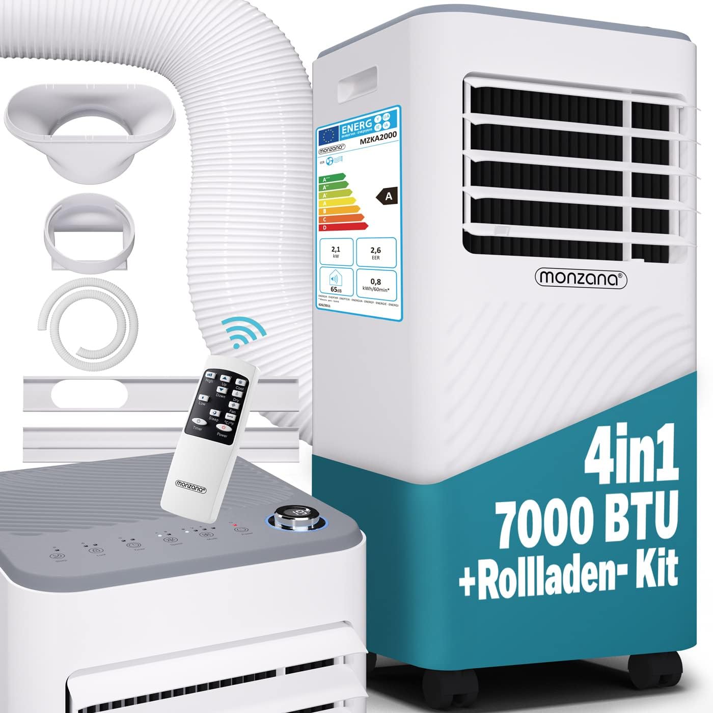 Monzana® climatizzatore portatile MZKA2000 tubo di scarico 7000BTU 3in1 750W timer 24h 25mq telecomando deumidificatore kit per tapparelle