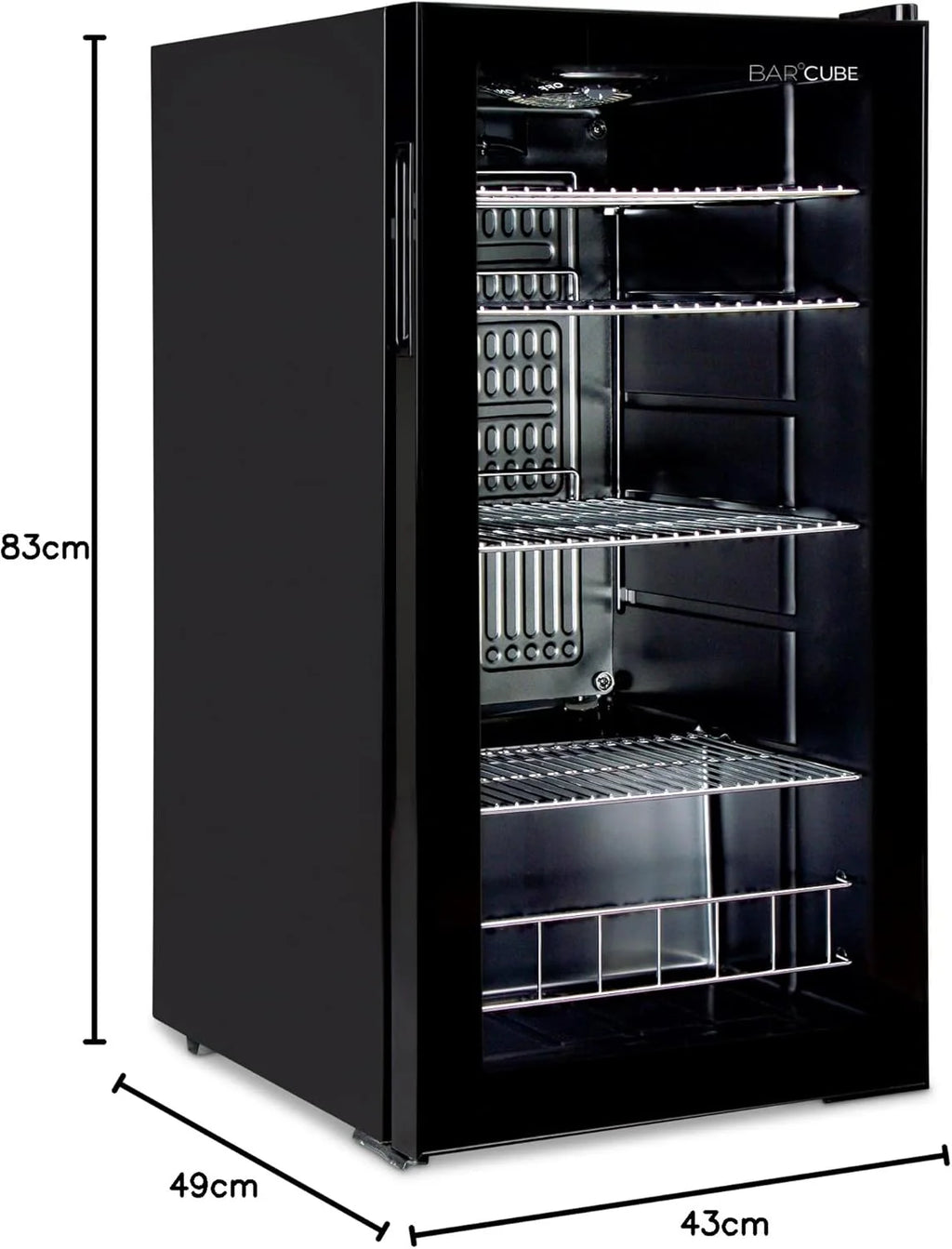 °CUBES Frigorifero per bevande 90L con porta in vetro e 4 ripiani regolabili | Frigorifero compatto per bottiglie, perfetto per casa, ufficio, feste e ristorazione | Elegante frigorifero con porta in vetro, nero