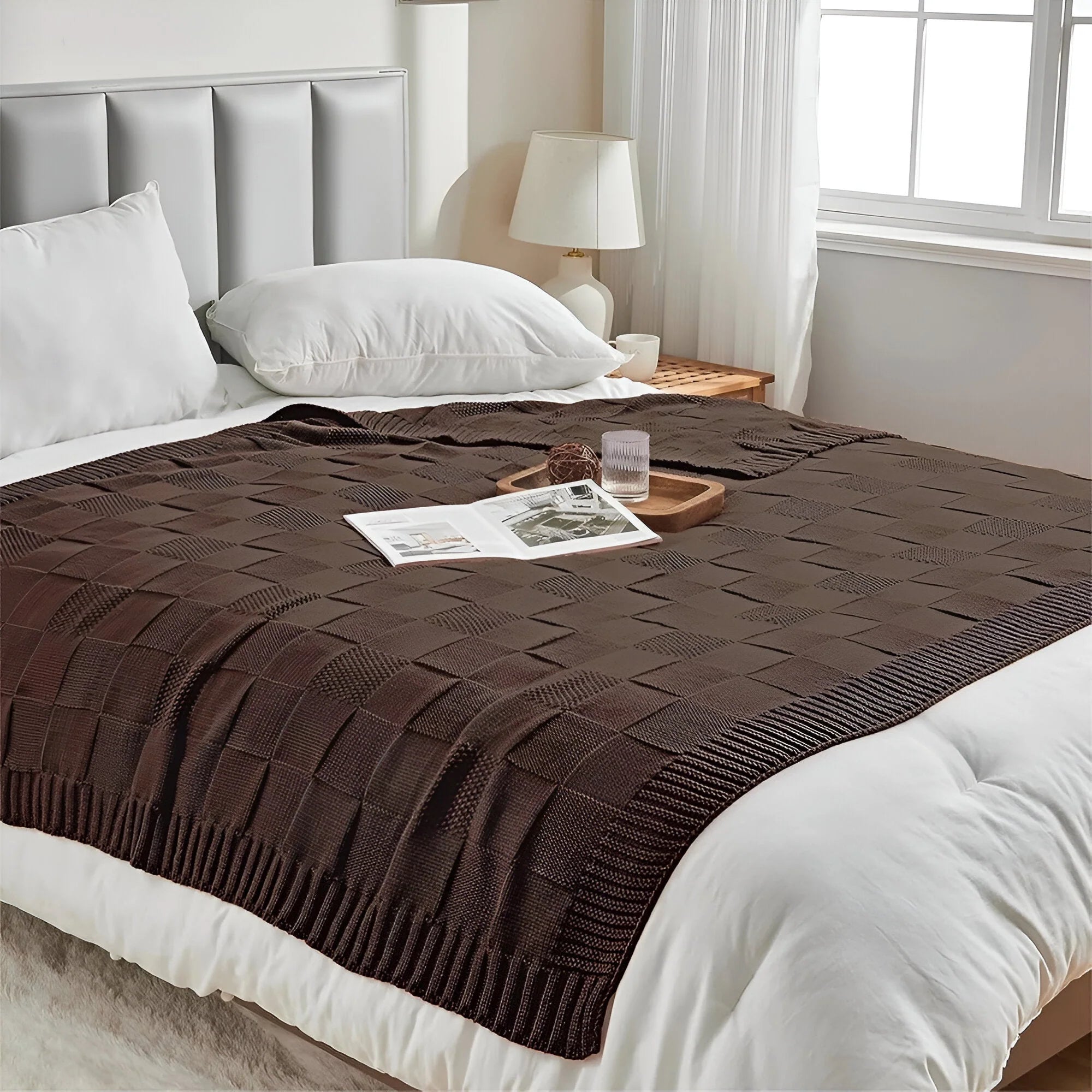 MonoKnit Coperta lavorata a maglia – Coperta in pile acrilico a righe di alta qualità, in bianco e nero, per letto e divano