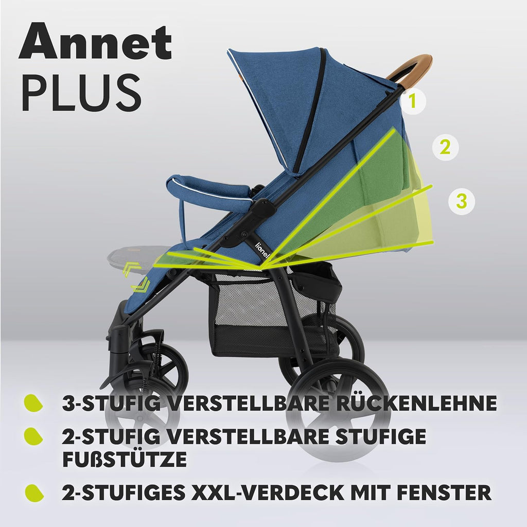 LIONELO Annet Buggy fino a 22 kg con funzione reclinabile, passeggino compatto richiudibile con accessori, ruote in schiuma EVA, zanzariera, coprigambe, portabevande, cestino (Golden Moments, Tour)