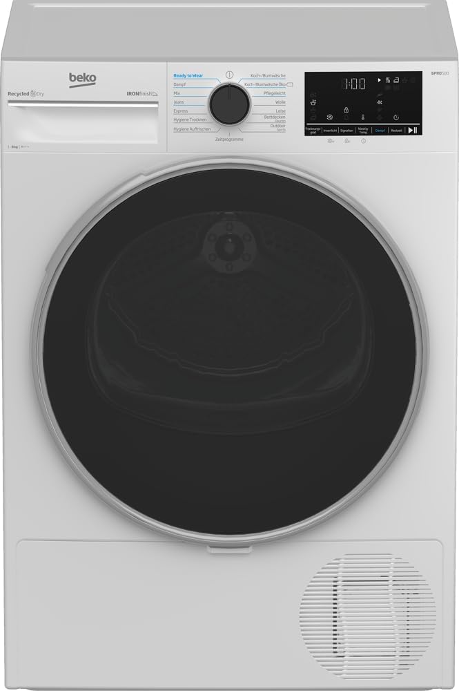 Beko B5T4824IF bPRO 500 Asciugatrice, 8 kg, Caricamento frontale, Pompa di calore, Adatta per chi soffre di allergie, 15 programmi, Funzione vapore, Antipiega, Programma silenzioso, Cesto AquaWave, Bianco