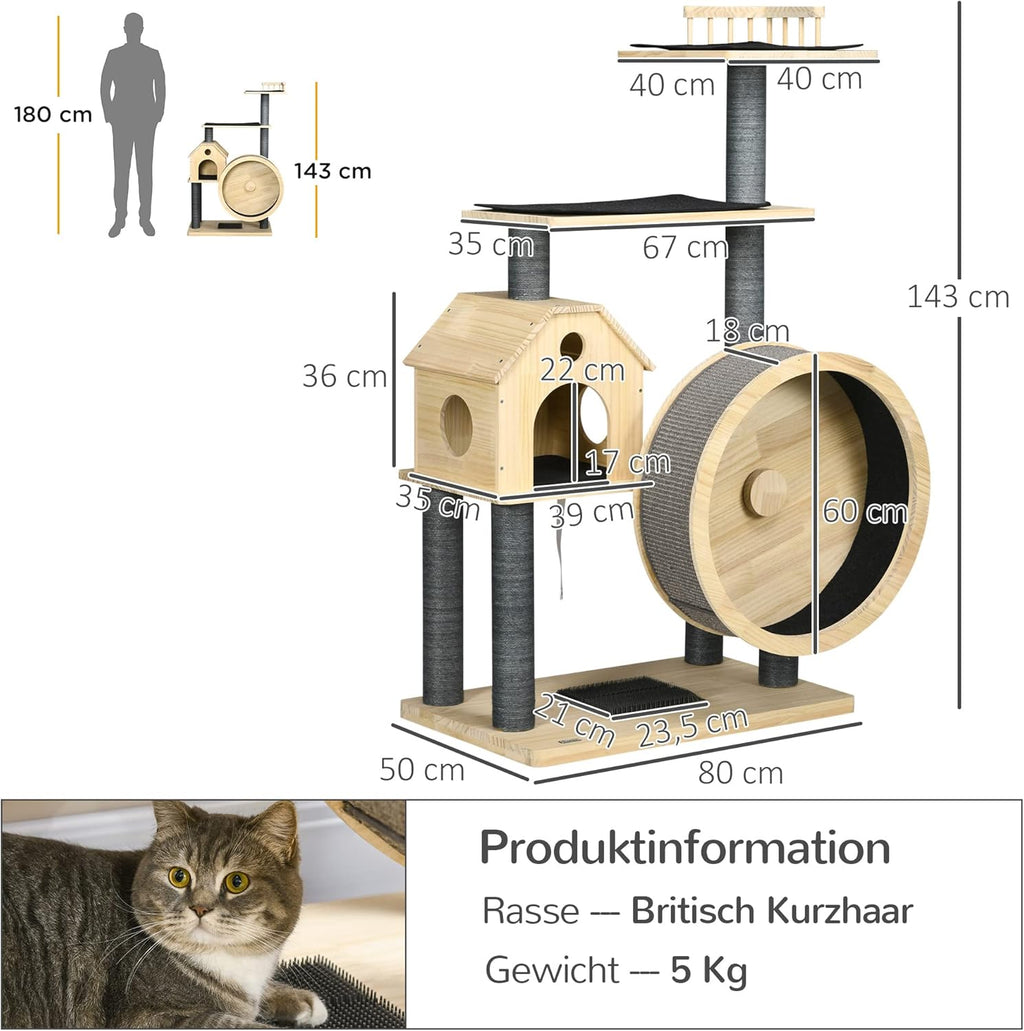 PawHut Katzenbaum mit Laufrad 4-Stock Kratzbaum Katzenhaus mit Sisalsäulen Katzenhöhle Kiefernholz Natur 80 x 50 x 143 cm