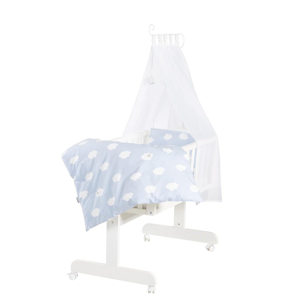roba Babywiege 40 x 90 cm Adam & Eule - Stubenwagen & Wiege mit Rollen - Bett Set komplett mit Feststellfunktion - Inkl. textiler Ausstattung - Holz weiß