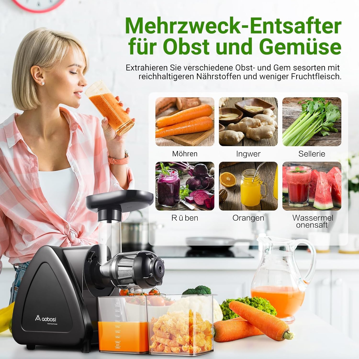 【Neues】Entsafter AOBOSI-Slow juicer mit 2 Geschwindigkeitsstufen-Entsafter gemüse und obst mit 8 stufiger Schnecke-Saftpresse mit Reinigungsbürste&2 Bechern-Obstpresse mit Reversierfunktion