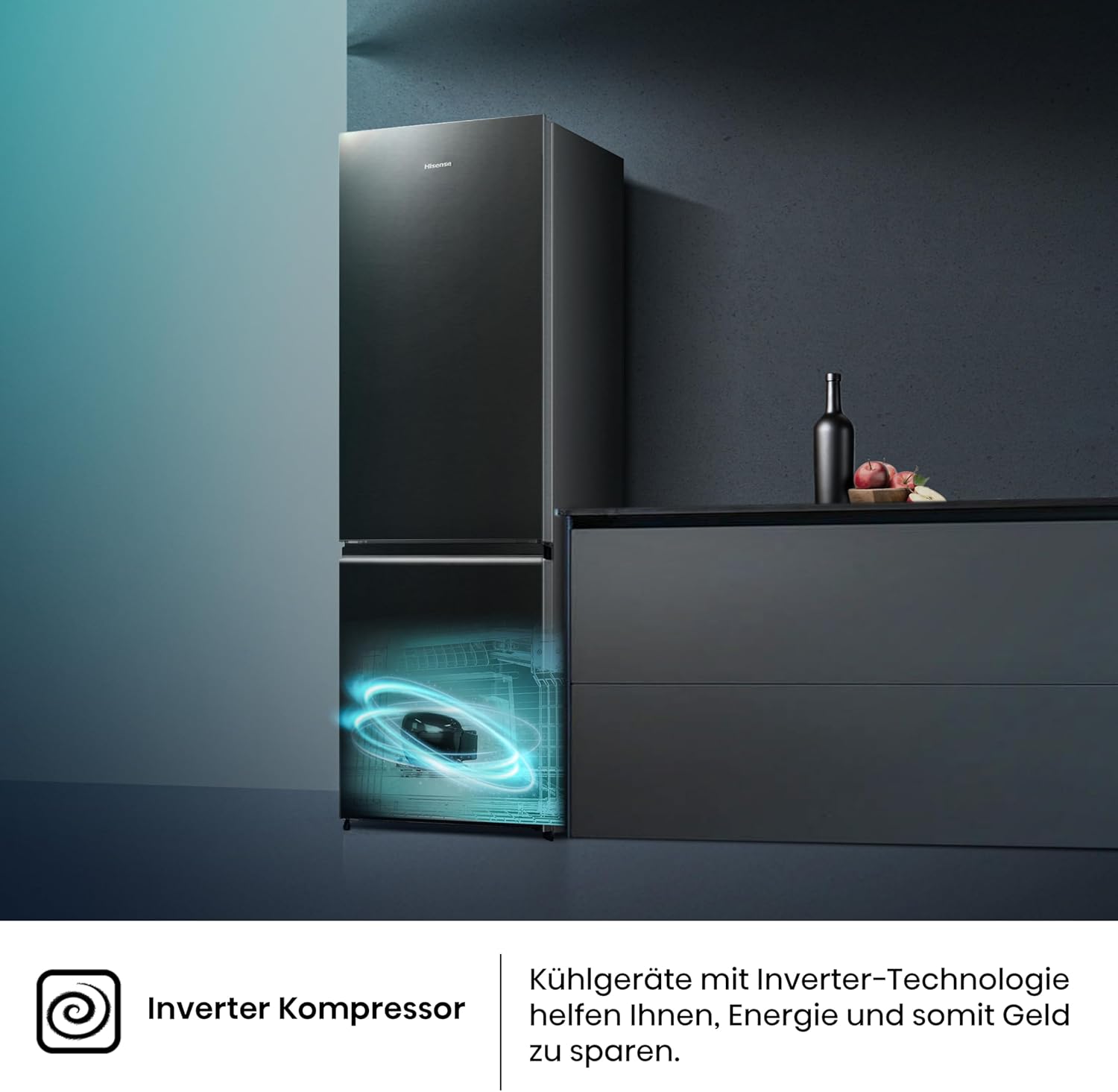 Hisense RB327N4ADD Frigorifero Combinato, Classe Energetica D, Total NoFrost, Porta Reversibile, Griglia Portabottiglie, Vano Frigo 171 Litri, Vano Congelatore 85 Litri, Look Acciaio Inox