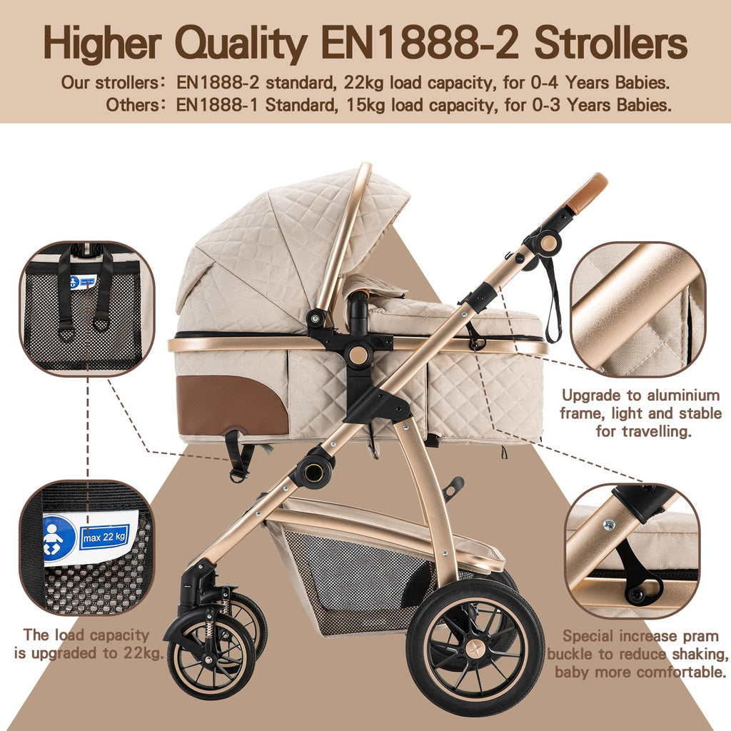 Gcarebb Passeggino 3 in 1, Buggy con Ovetto, Set Completo Passeggino Regolabile in Altezza, Passeggino Combinato con Telaio in Alluminio per Neonati 0-4 Anni