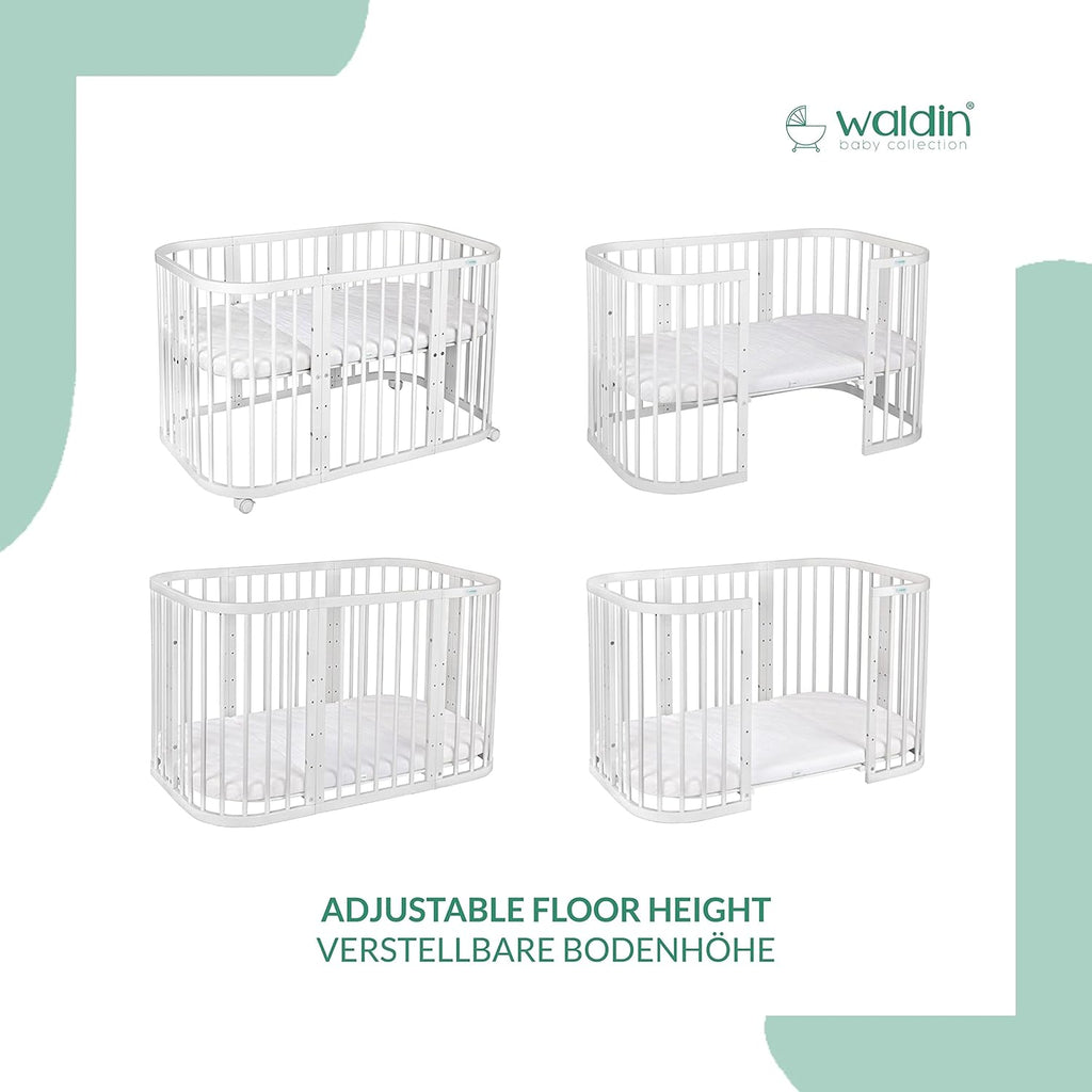 Waldin Lettino per bambini in legno 7in1 con materasso, Letto "Cresci con me", Ventilato, Base regolabile in 5 altezze, Set All-Inclusive, Legno Bianco